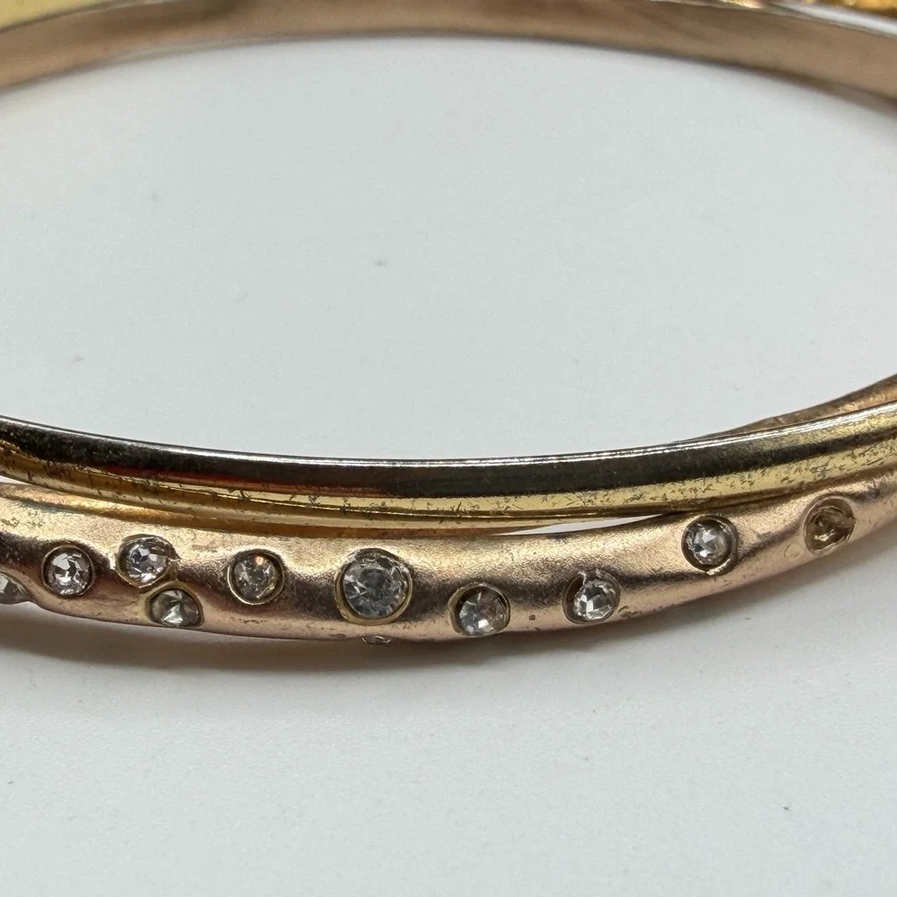 Gold Tone Triple Bangle Bracelet Clear Faceted Bead Dangle Rhinestone Stack Set